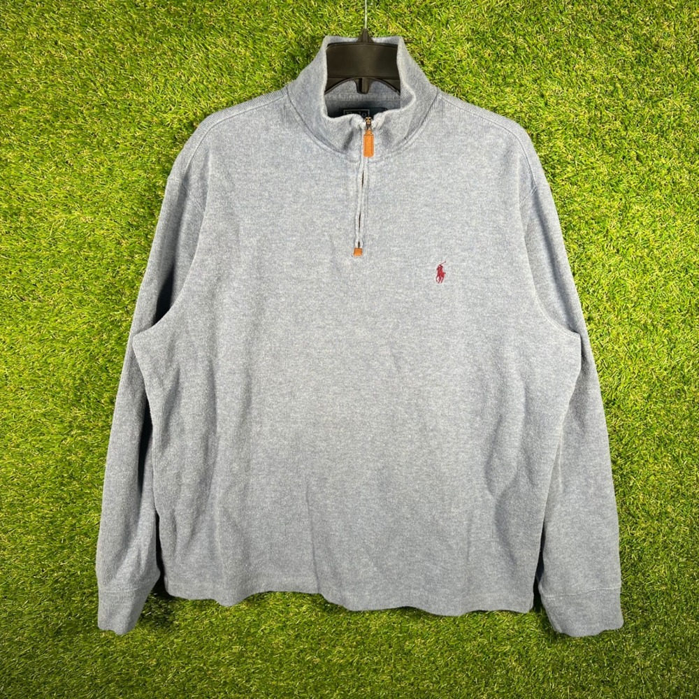 Polo Ralph Lauren Mens Large Light Blue Cotton Quarter Zip Pullover Sweater